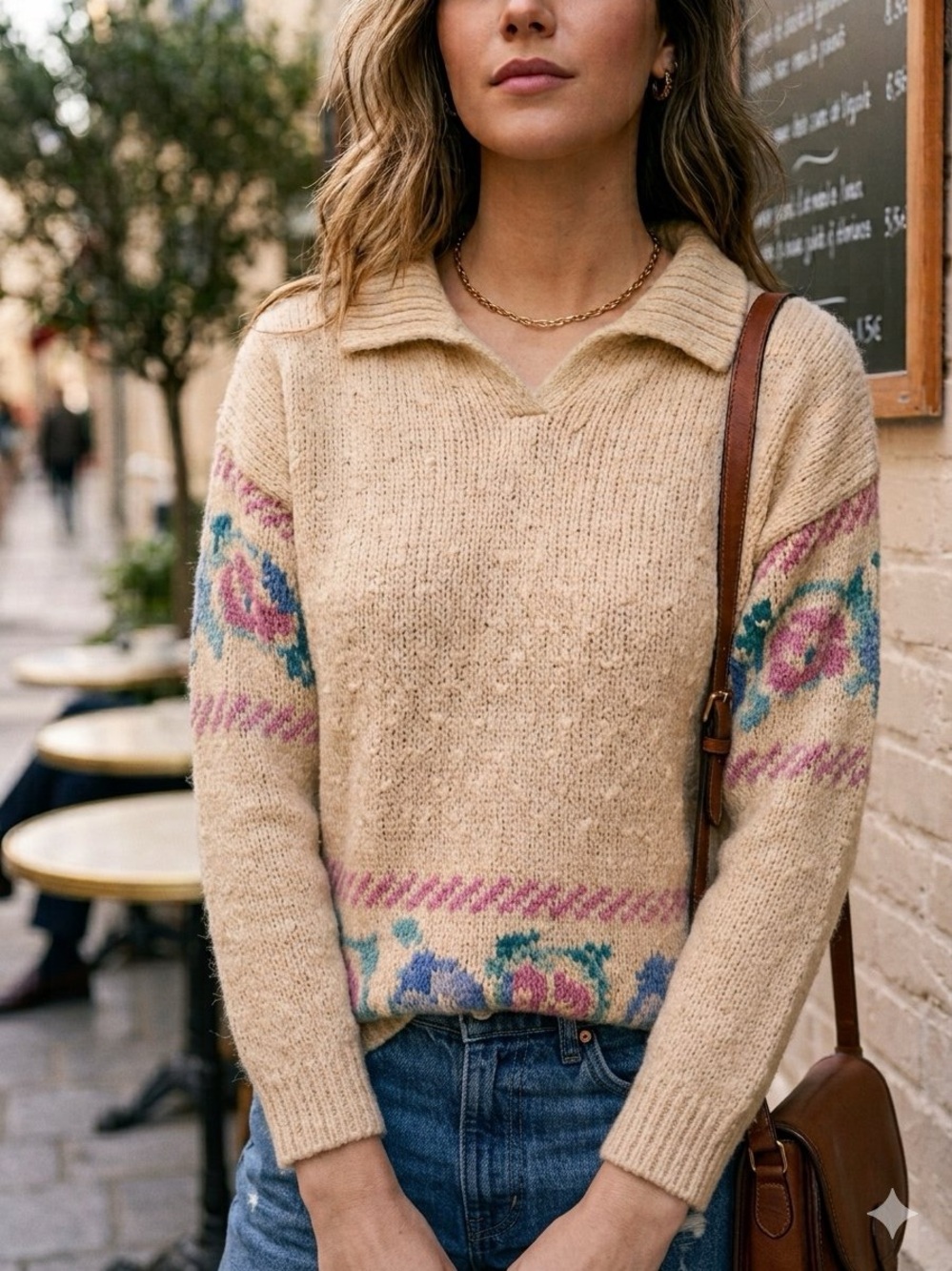 Talbots Vintage Size Small Wool Floral Patterned‎ Cream Sweater 80s Grannycore
